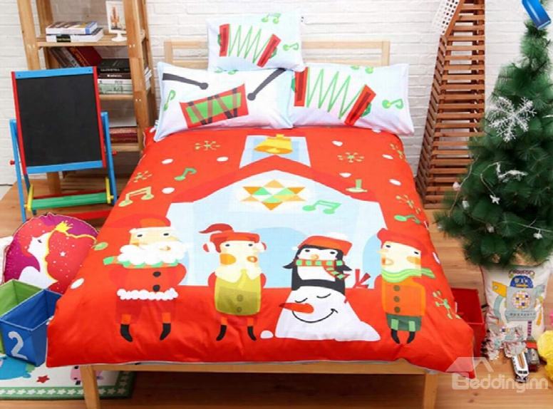 Christmas Style Happy Kids With Snowman Pattern 4-piece Duvet Cover Sets