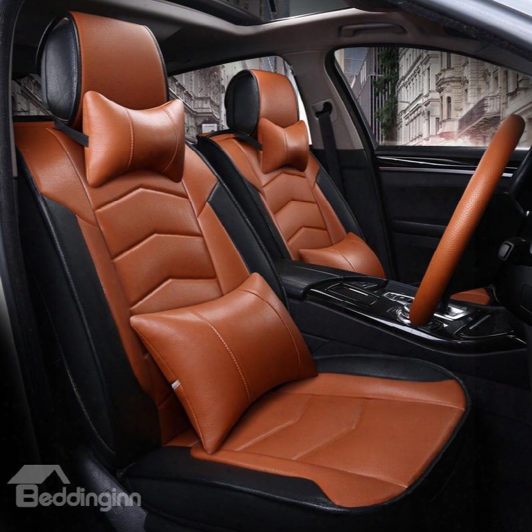Classic Coffee Contrast- Color Attractive Sport Design Durable Pvc Material Universal Five Car Seat Cover