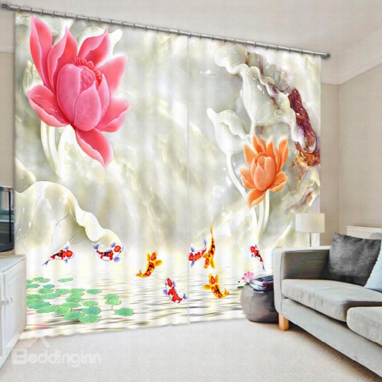 Colored Flower And Golden Fish 3d Printed Polyester Curtain