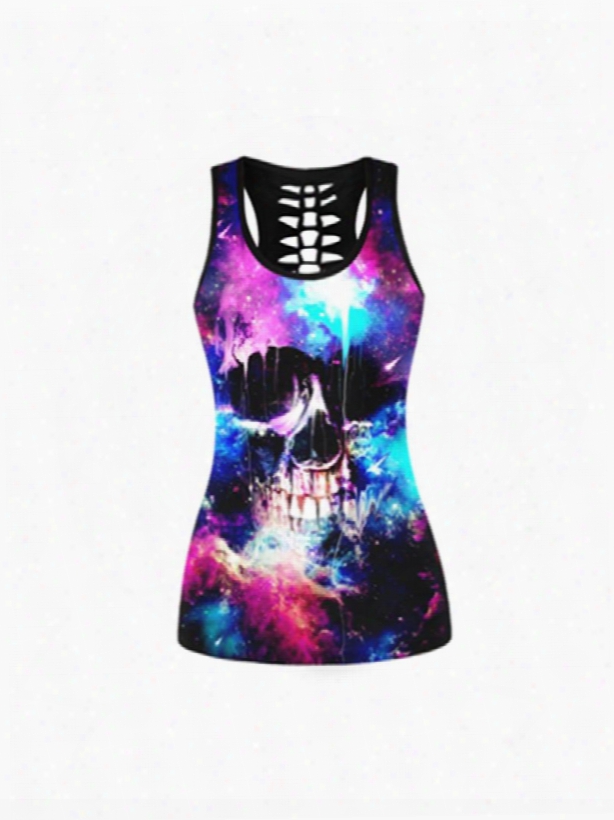Colorful Skull Head Printing Polyester Round Neck Female 3d Tops