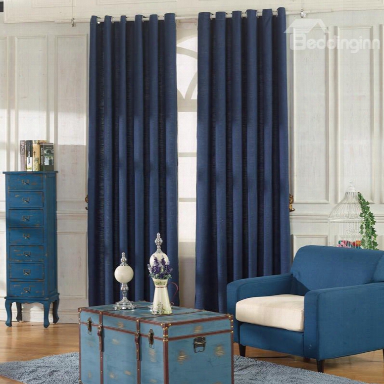 Concise Dark Blue Linen Ventilate Custom Grommet Top Curtain