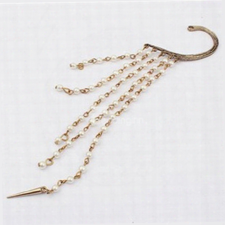 Cool Exaggerated Pearls Chain Tassels Ear Cuff