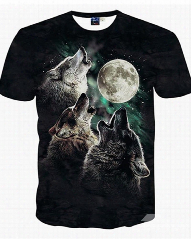 Cool Round Neck Wolf Moon Pattern 3d Painted T-shirt