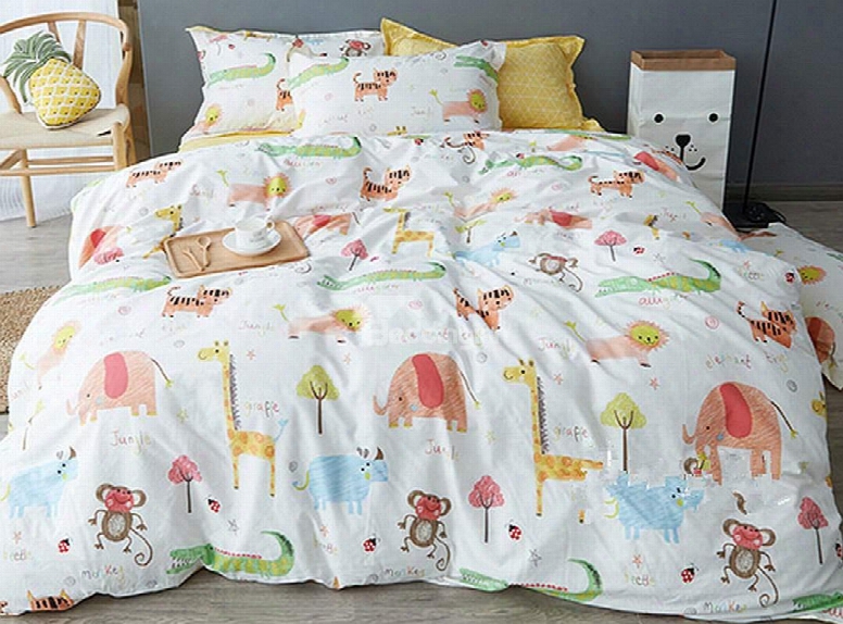 Crazy Animals Pattern 4 Pieces Kids Cotton Duvet Cover Sets