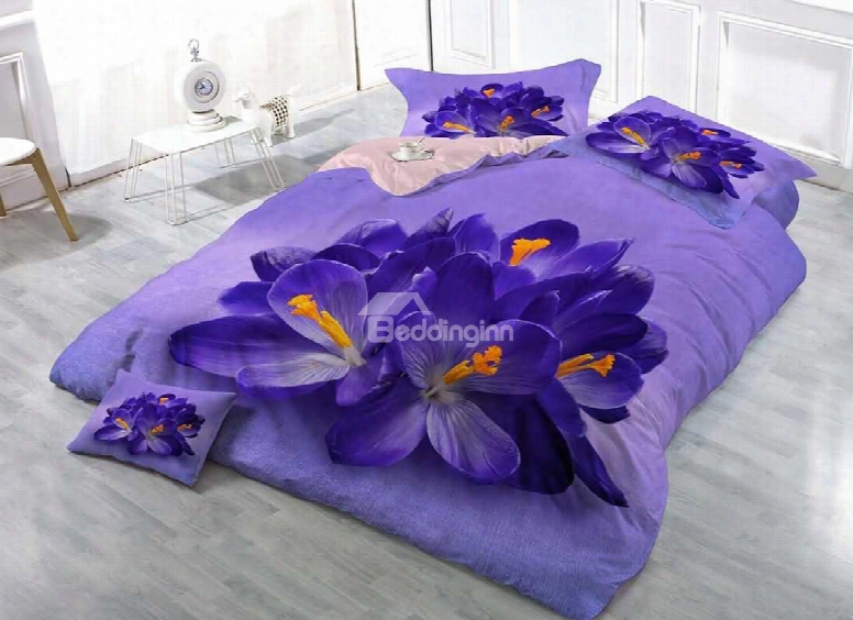 Crocus Flower Purple 3d Printed Cotton 4-pieces Bedding Sets/duvet Covers