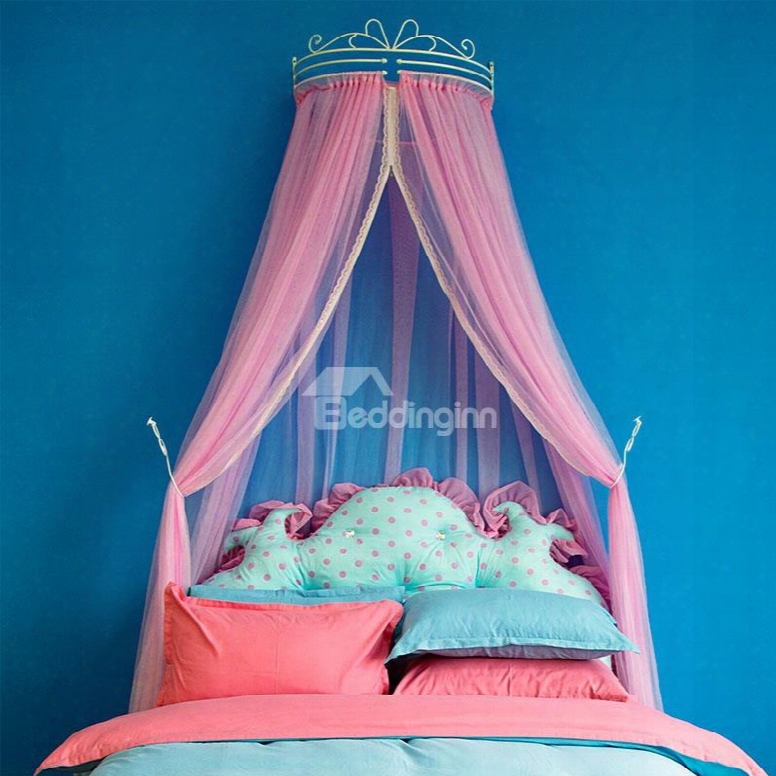 Crown Design Princess Style Pink Lace Trim Bed Canopy