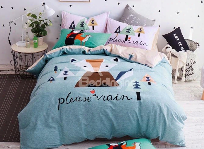 Cute Cartoon Fox Print 4-piece Cotton Duvet Cover Sets