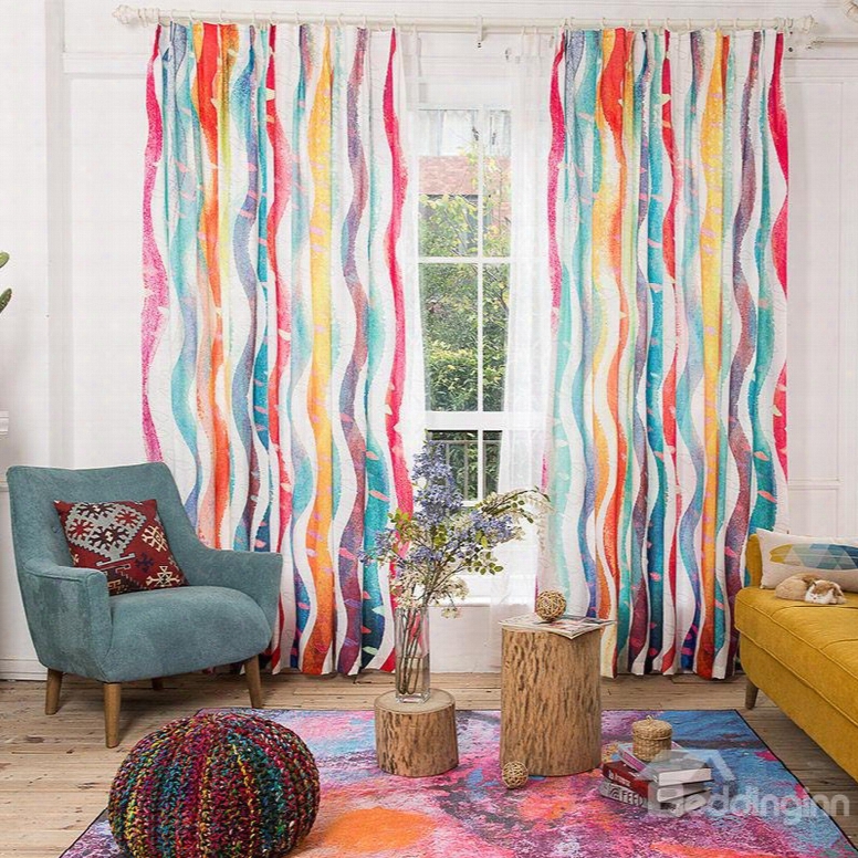 Cute Colorful Wavy Stripes Cotton And Linen Blending Custom Curtain