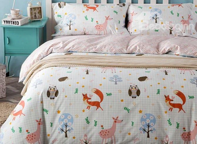 Cute Fox And Deer Print 4-piece Cotton Duvet Cover Set