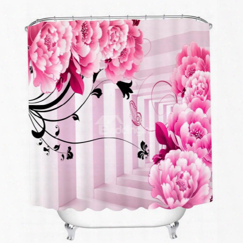 Cute Pink Peony And Butterfly 3d Printed Bathroom Waterproof Shower Curtain