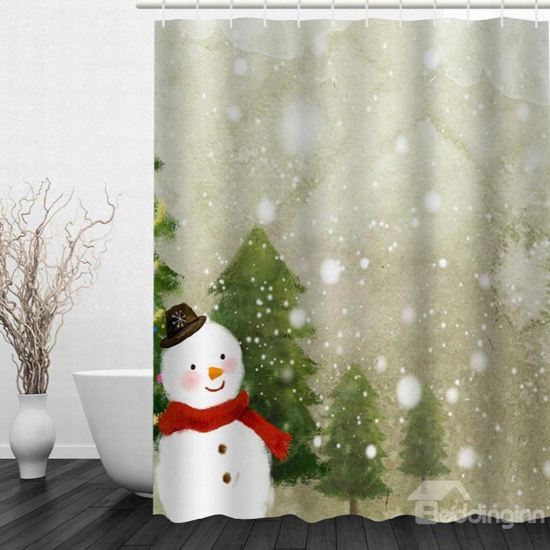 Cute Snowman With Red Scarf Printing Christmas Theme Bathroom 3d Shower Curtain