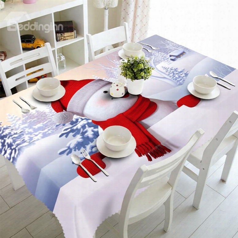 Cute White Snowman And Tree Thick Polyester Beautiful Snow Scenery Table Cloth