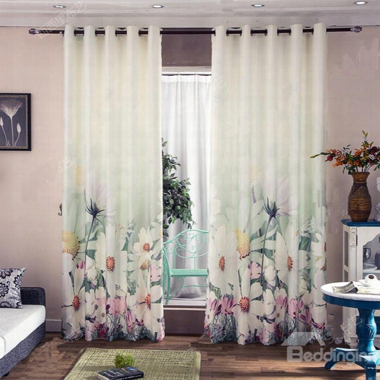 Decoration And Blackout Polyester Cotton 3d Beautiful White Chrysanthemums Printed 2 Panels Curtain