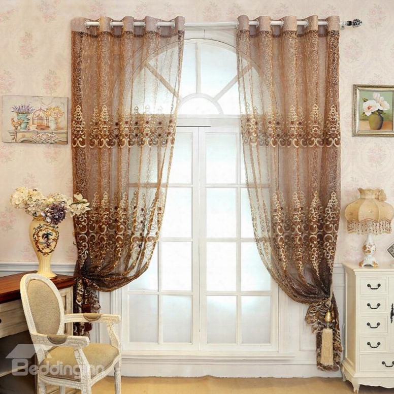 Decoration Polyester Artificial Embroidery Brown Solid Luxury Style Sheer Curtain And Drapes