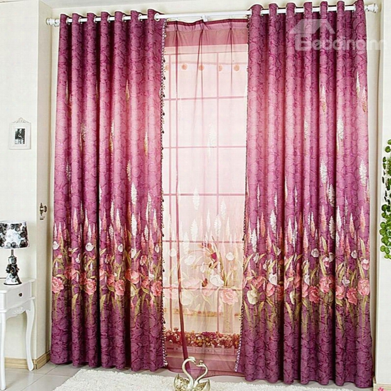 Decorative And Blackout Polyester Embroidered Plants And Flowers Royal Style Grommet Top Curtain