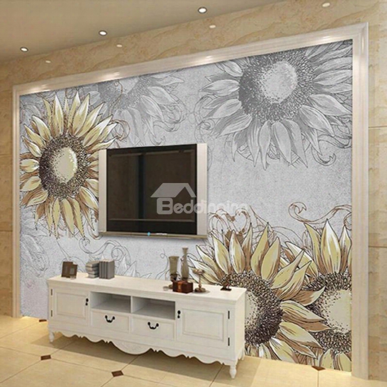 Decorative Simple Style Sunflowers Pattern Waterproof 3d Wall Murals