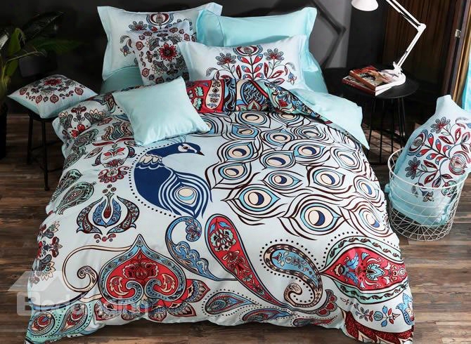 Designer 60s Brocade Floral Peacock Pattern Ethnic Style Blue 4-piece Cotton Bedding Sets