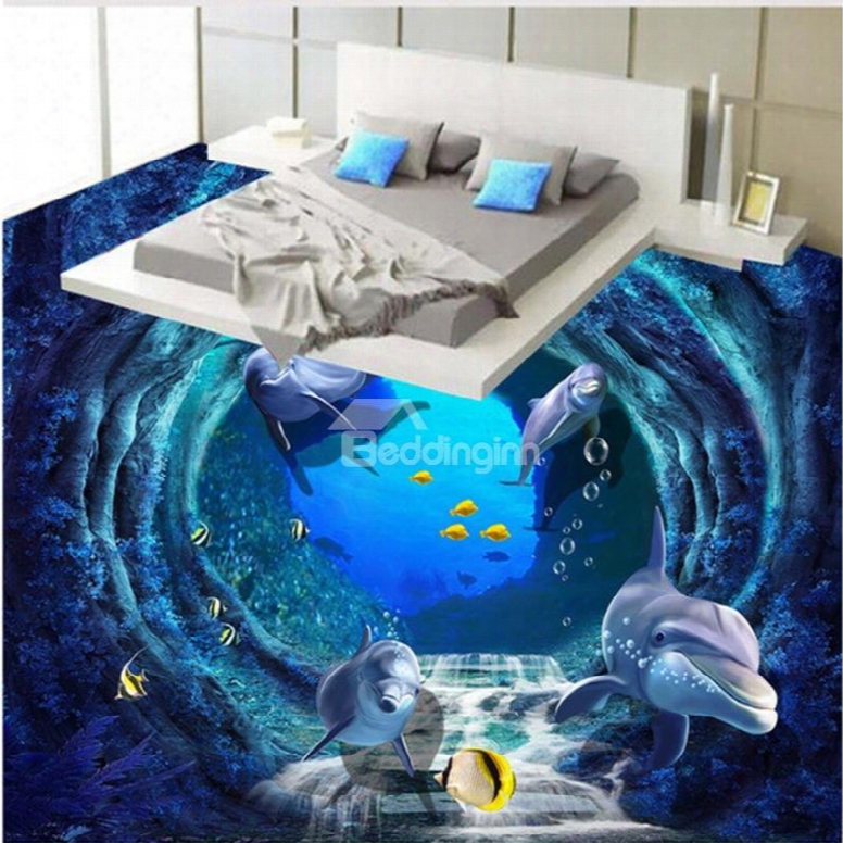Dolphins And Fishes Swimming In Blue Canyon Splicing 3d Waterproof Floor Murals