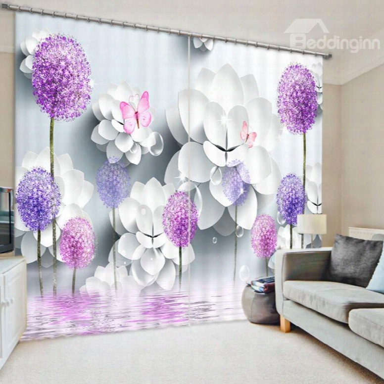 Dreamy Purple Flower And Butterfly 3d Printed Polyester Curtain