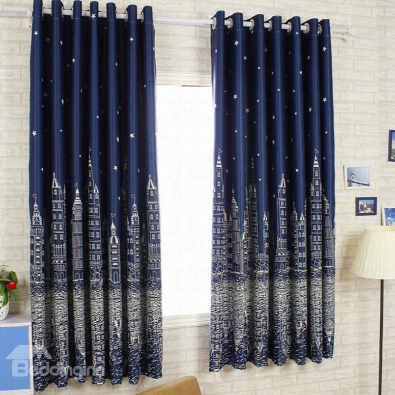 Dust-proof And Blackout Polyester Cotton City Buildings Printing Modern  Style 2 Panels Curtain