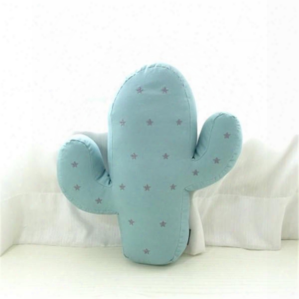 Embroidery Cactus Shape Plush Blue Baby Throw Pillow