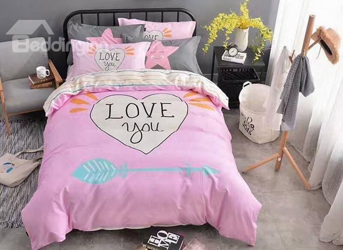 Fabulous Heart And Letters Print Pink Cotton 4-piece Duvet Cover Sets