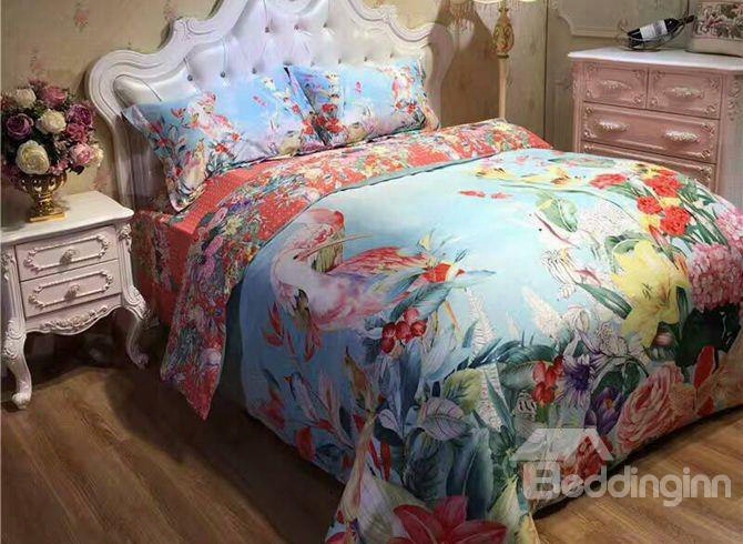 Flamingo And Flower Print Luxury 4-piece Cotton Bedding Sets/duvet Cover