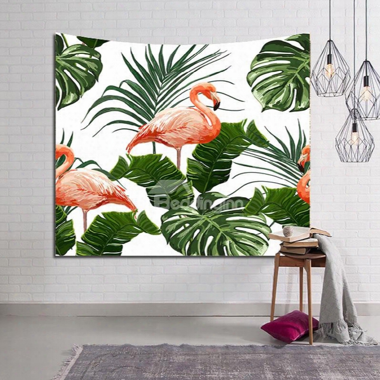 Flamingo Standing Still Among Tropical Leaves Decorative Hanging Wall Tapestry