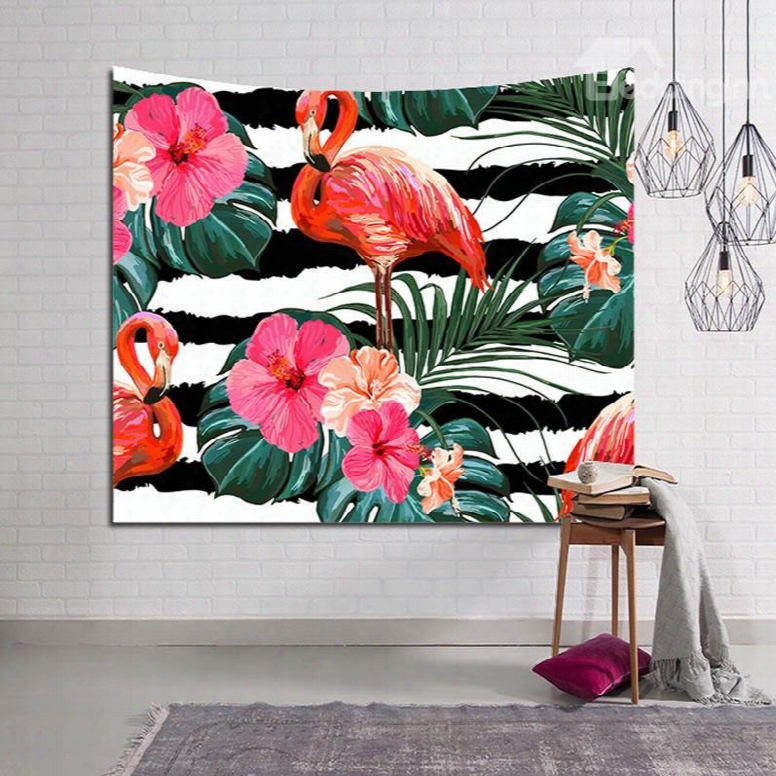 Flamingos And Blooming Flowers Foliage Design Stripe Decorative Hanging Wall Tapestry