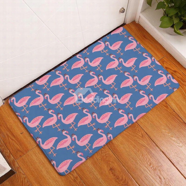 Flamingos Printed Flannel Blue Bath Rug/mat