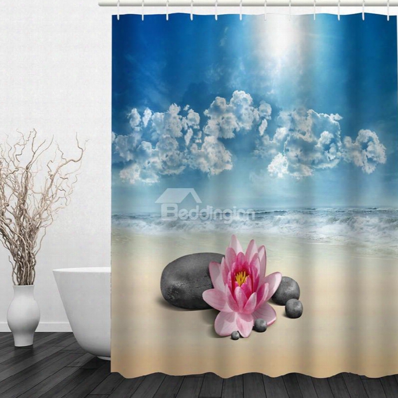 Flower And Stone In The Beach 3d Printed Bathroom Waterproof Shower Curtain