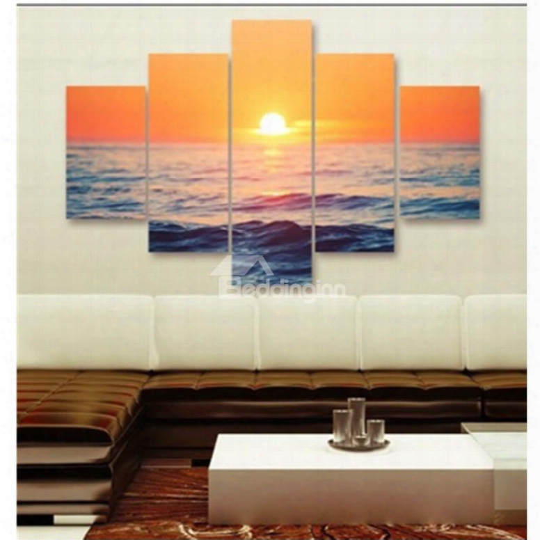 Gold Sunrise And Sea 5-piece Canvas Non-framed Wall Prints