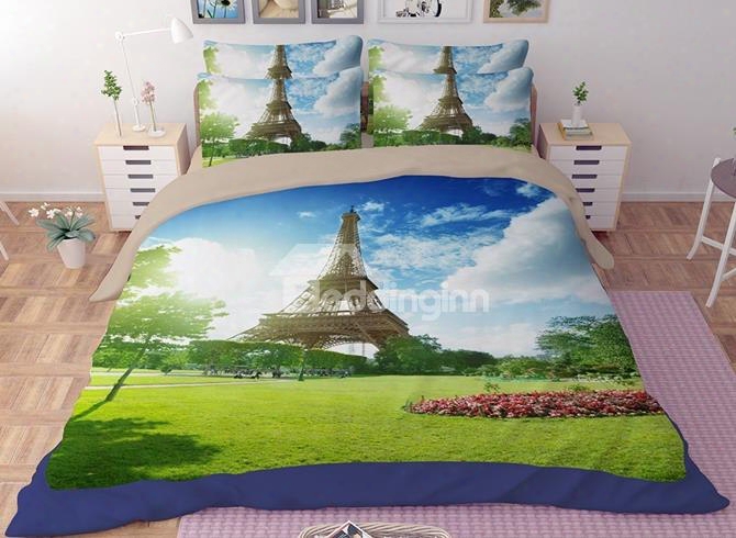 Grassland With Eiffel Tower Print 4-piece Polyester Duvet Cover Sets