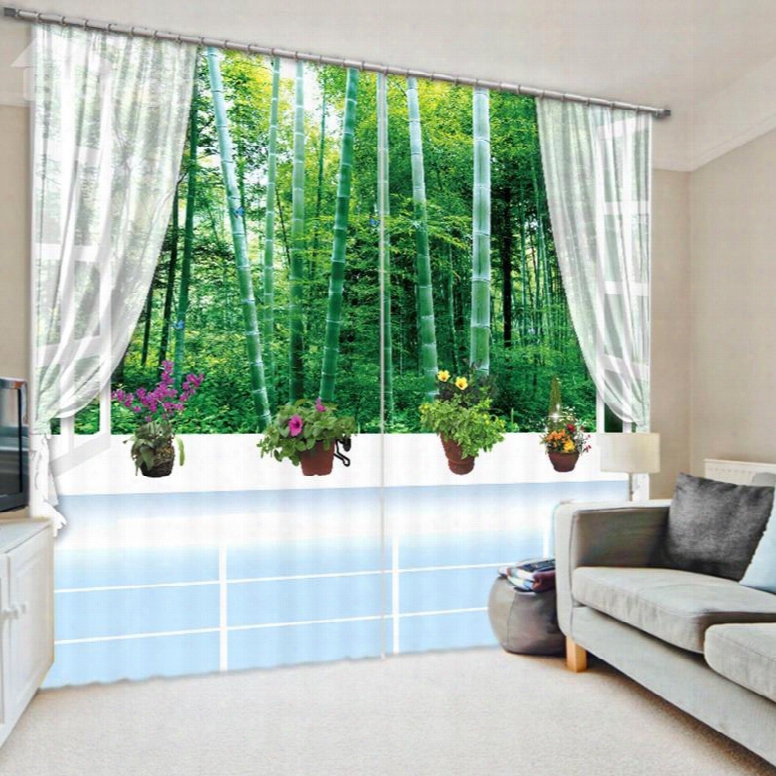 Green Bamboo Forest Out Of The Window 3d Printed Polyester Curtain