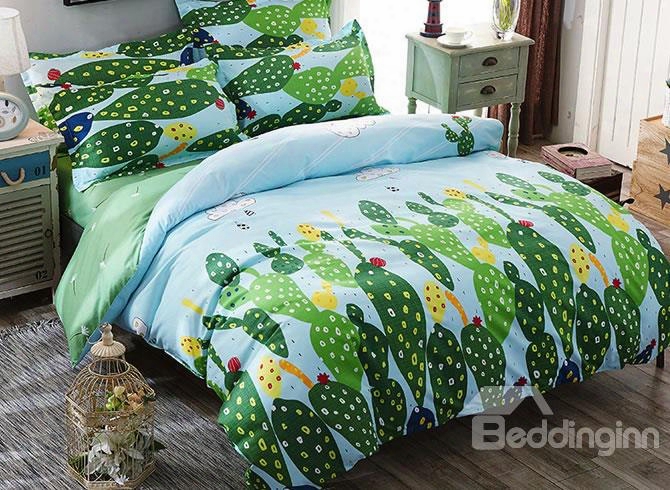 Green Cactus And Dandelion Printed Polyester Duvet Covers/bedding Set