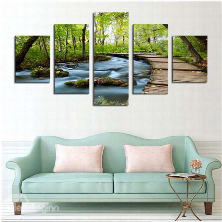 Green Trees Surrounding River Hanging 5-piece Canvas Non-framed Wall Prints