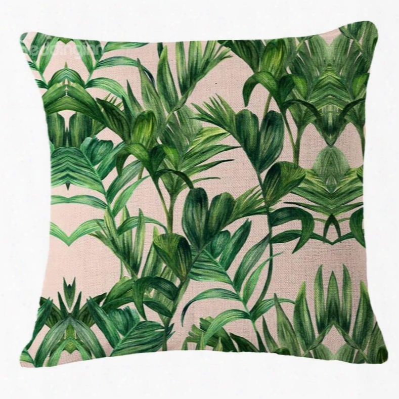 Hand-painted Tropical Leaves Foliage Design Beige Linen Throw Pillow