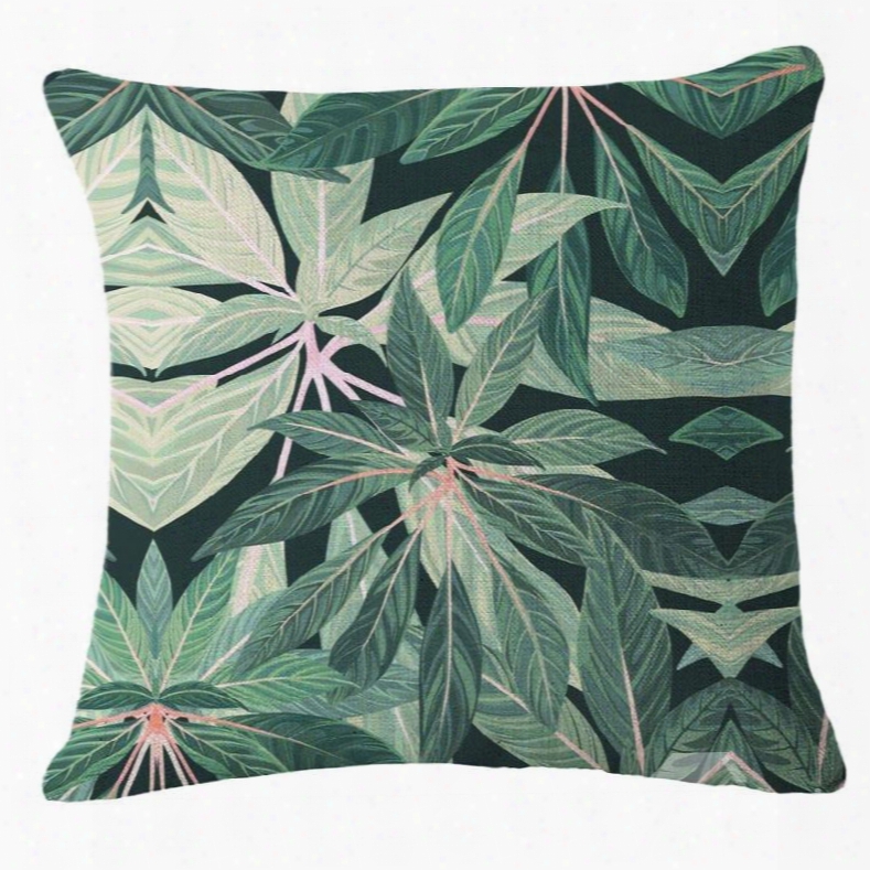 Hand-painted Tropical Leaves Foliage Design Green Lineh Throw Pillowcases