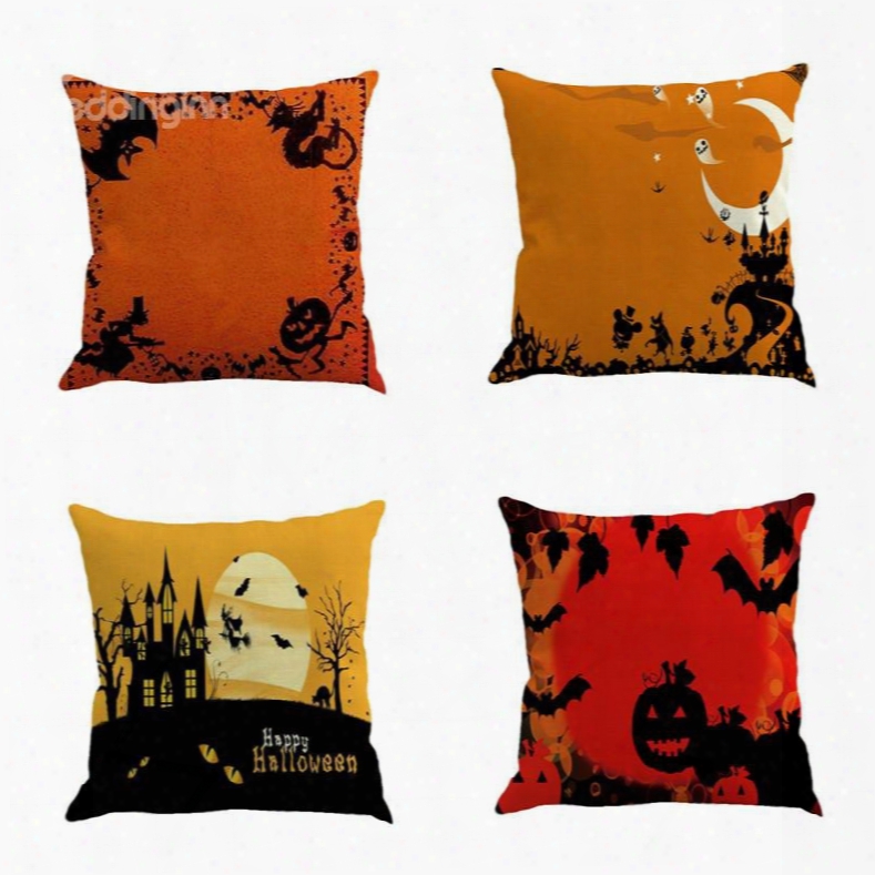 Happy Halloween Bat And Pumpkin Pattern Square Linen Decorative Throw Pillows