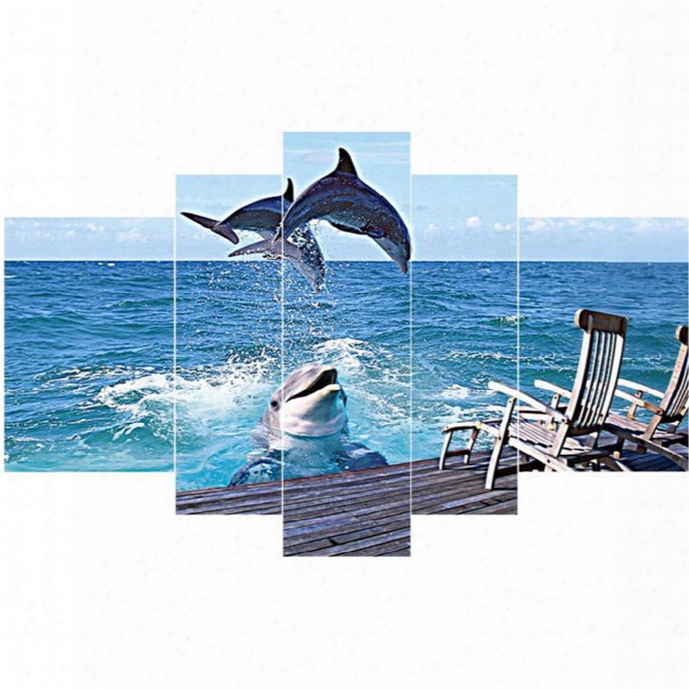 Jumping Dolphins Above Sea Pattern Hanging 5-piece Canvas Eco-friendly And Waterproof Non-framed Prints