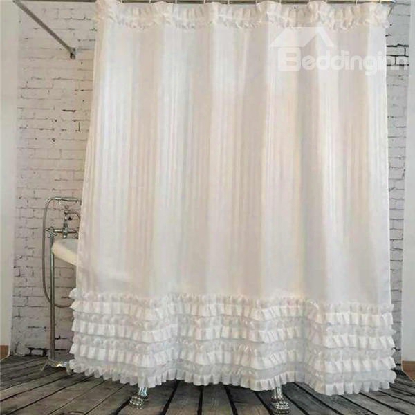 Lace Trimming Polyester White Bathroom Shower Curtain