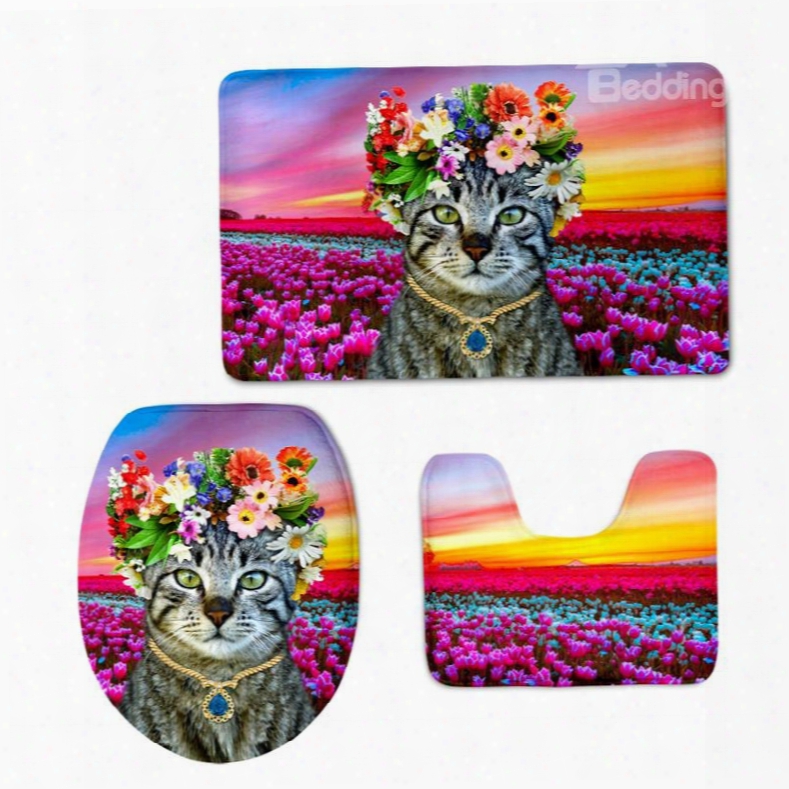 Lady Cat In The Tulip Field 3d Printing 3-pieces Toilet Seat Cover