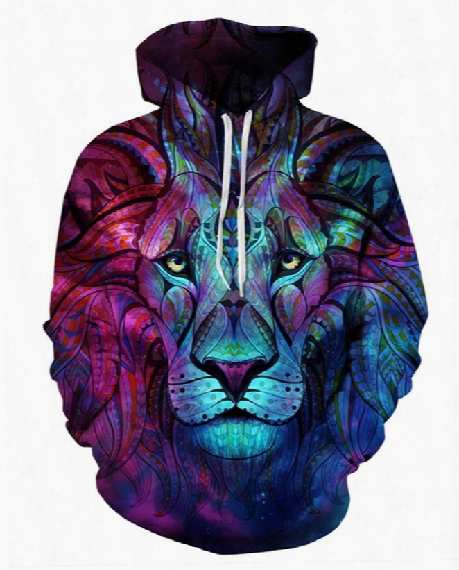 Long Sleeve Hoodie 3d Pattern Bohemia Blue Lion King Face