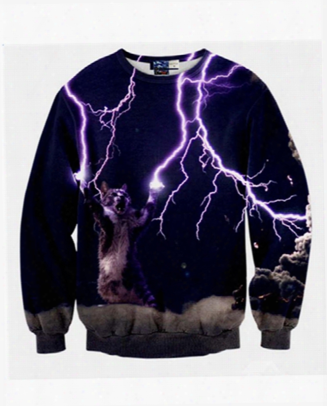 Long Sleeve Lightning Cat Pattern Inner Suede 3d Painted Hoodie