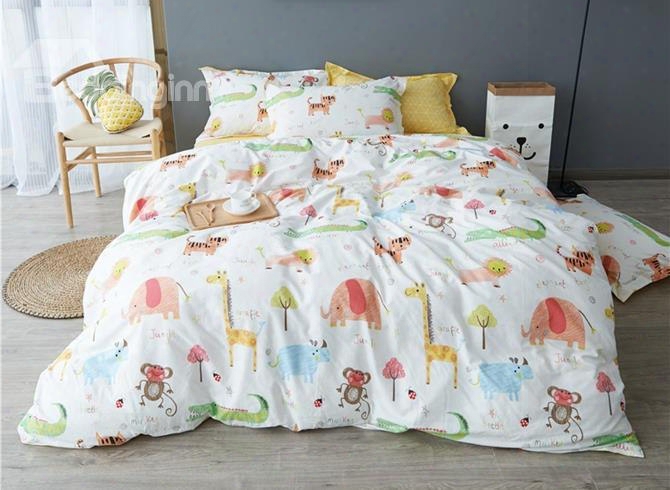 Lovely Elephant And Tiger Print 4-piece Cotton Duvet Cover Set