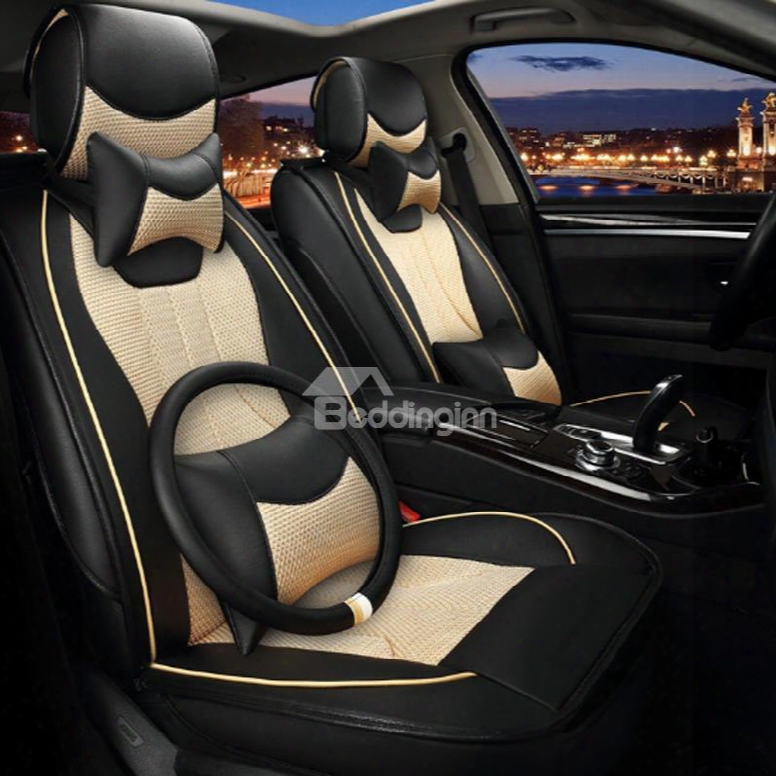 Luxury Beige Black Contrast Color Mixing Du Rable Pu With Ice Silk Material Universal Car Seat Cover