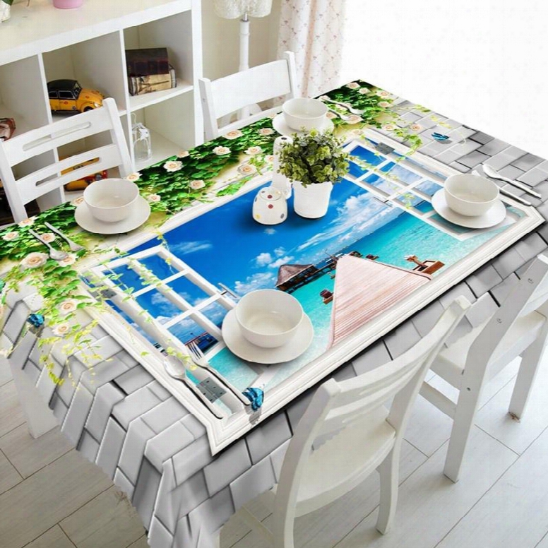 Natural Window Seaside Scenery Prints Washable 3d Tablecloth