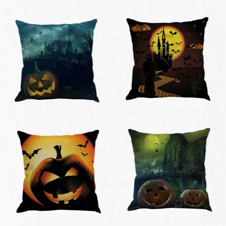 Night Halloween Pumpkin Pattern Square Linen Decorative Throw Pillows