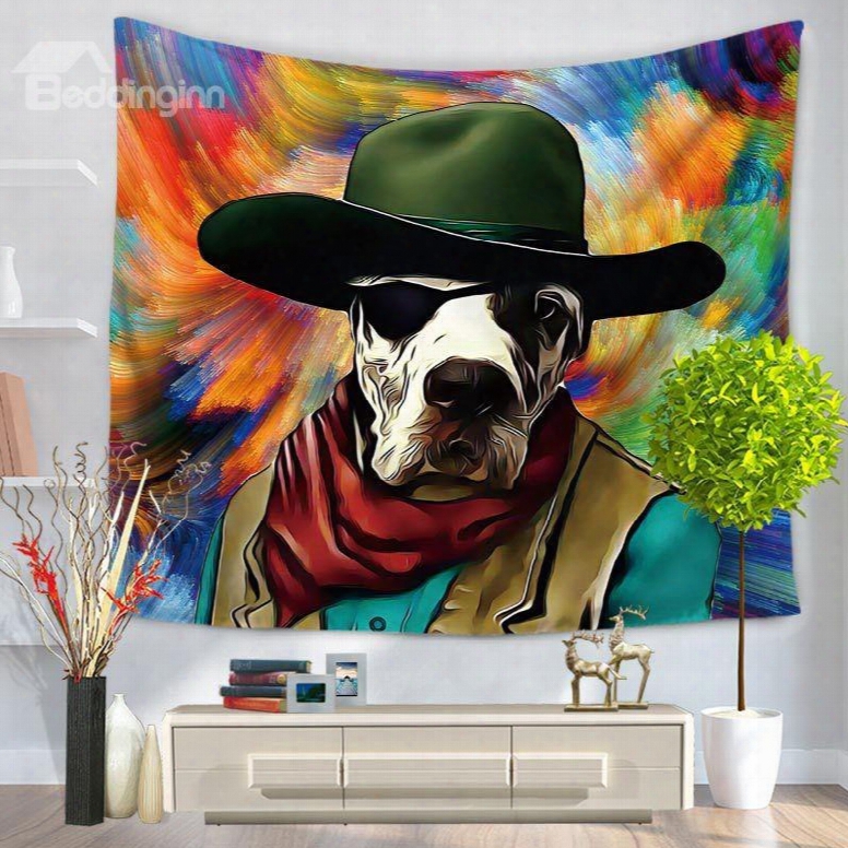 Oil Paunting Cowboy Dog Prints Colorful Hanging Wall Tapestry