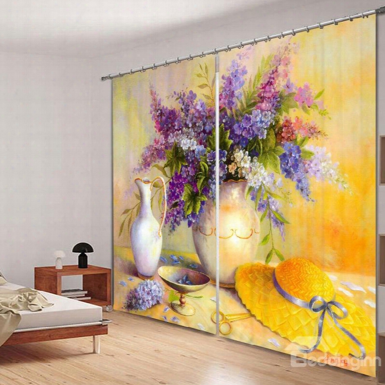 Oil Painting Flowers And Yellow Hat 3d Printed Polyester Curtain